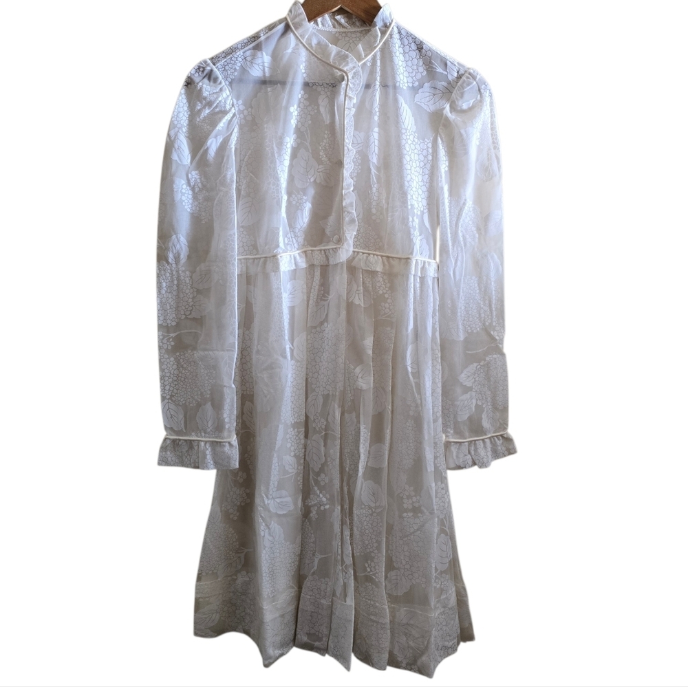 Vintage 70s White Sheer Devoré Floral Prairie Dress Romantic Boho Midi - Picture 2 of 14
